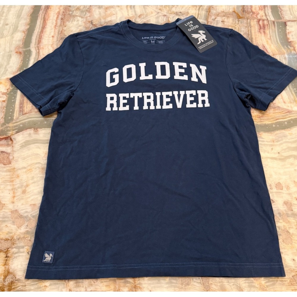 NWT Life is Good Unisex T-Shirt Navy Blue Golden Retriever Arch Short Sleeve M